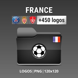 May include: A black folder icon with a football and the French flag. The text "FRANCE +450 logos" is above the folder. The text "LOGOS | PNG | 120x120" is below the folder.