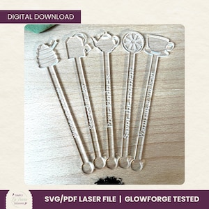 Laser-Schnitt-Getränke-Rührer SVG-Set Tee-Themen-Rührstäbchen SVG-Digitaldatei Tee-Party-Getränkerührer SVG