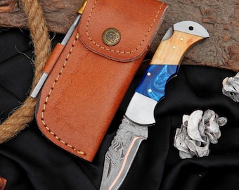 Handmade Damascus Steel Folding Knife | Blue Olive Resin & Wood Handle | Custom Pocket Knife