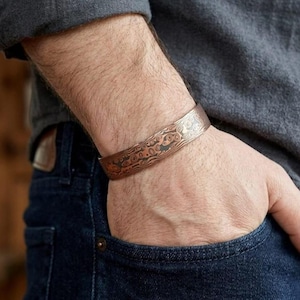 Hand Forged Carbon Copper Damascus Cuff Bracelet Minimalist Modern Jewelry Adjustable Bangle Groomsman Gift Unique Men Gifts