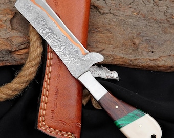 Custom Hand-Forged Copper Damascus Bull Cutter Knife with Rosewood, Stone, and Resin Handle