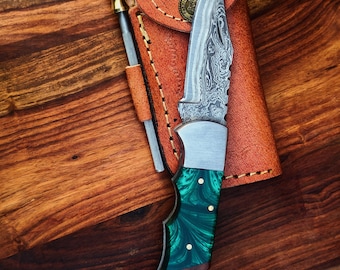 Double White line Handcrafted Damascus Folding Pocket Knife