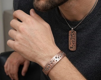 Copper Damascus Bracelet & Matching Pendant Necklace Set | Adjustable Cuff Bracelet | Artisan Handmade Jewelry | Gift for Men Groomsman Gift