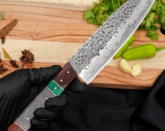 Handgefertigtes Damast-Kochmesser – 18 cm Klinge | 440C Edelstahl | Rosenholz, Harz & Malachit Griff