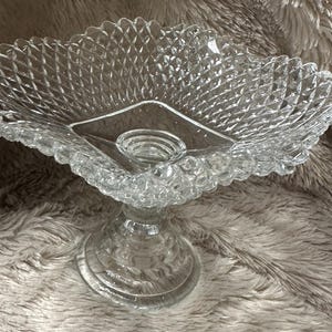 Vintage Pressed Glass Pedestal Compote Dish-Diamond Point Pattern, Scalloped Edge, Clear Glass-Elegant Candy Dish or Centerpiece Bowl