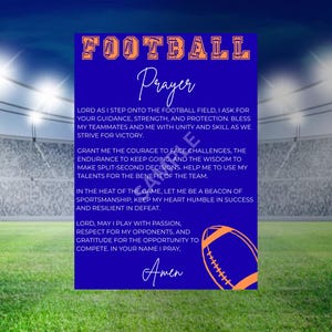 May include: A blue poster with the words "FOOTBALL Prayer" in orange and white. The prayer text is in white. A football graphic is in the lower right corner. The background shows a football field and stadium.