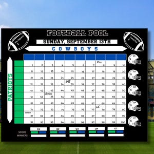 Puede incluir: Tablero de juego de fútbol negro con el texto "FOOTBALL POOL" y "SUNDAY, SEPTEMBER 13TH". El tablero presenta una cuadrícula con números, nombres de equipos y gráficos de fútbol. La palabra "COWBOYS" está escrita en azul.