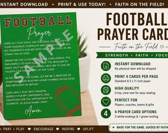 Könnte beinhalten: Eine grüne, rechteckige Football-Gebetskarte mit braunem Text, der Football Prayer lautet, gefolgt von einem Gebet und dem Wort Amen. Eine braune Football-Grafik befindet sich in der unteren rechten Ecke. Die Karte enthält Anweisungen zum Drucken.