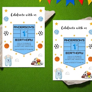 Carte d'invitation sur le thème du sport d'anniversaire de bébé garçon imprimée + expédiée, carte d'invitation sur le thème du sport d'anniversaire pour tout-petit 4 x 6 pouces avec enveloppes