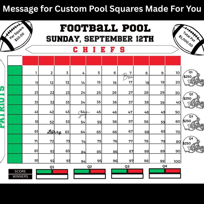 Static Pool Chart Football Squares Pool Chart, 100 Squares: Instant Download Fundraiser ...