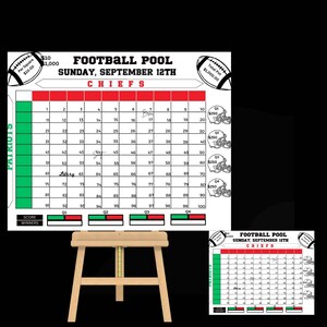 Puede incluir: Una cuadrícula de grupo de fútbol con el texto "FOOTBALL POOL SUNDAY, SEPTEMBER 12TH CHIEFS". La cuadrícula tiene los números 1-100, con secciones para Patriots y Chiefs. Incluye gráficos de fútbol e iconos de casco.