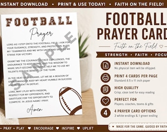 Könnte beinhalten: Eine weiße Karte mit dem Text Football Prayer in Braun, einem Gebet für Sportler, einer braunen Football-Grafik und dem Wort Amen. Die Karte enthält Anweisungen zum Drucken von vier Karten pro Seite auf Standardpapier im Format 21,6 x 27,9 cm.