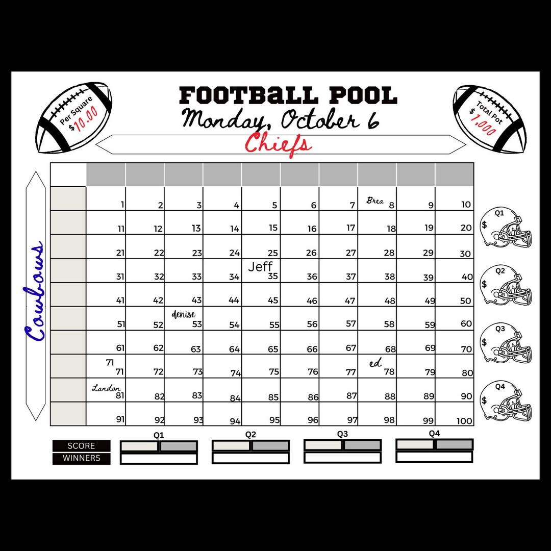 100 Football Squares Pool Game Chart (instant Download) Etsy