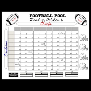 Puede incluir: Una cuadrícula de fútbol blanca con el texto "Football Pool" y "Monday, October 6 Chiefs". La cuadrícula incluye números, nombres de equipos y espacios para los ganadores. Dos ilustraciones de fútbol en la parte superior.