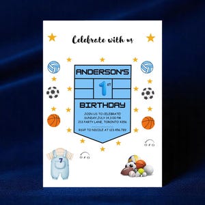 Carte d'invitation thème sport pour fête d'anniversaire de bébé garçon imprimée + expédiée, flyer thème sport, invitation sport pour thème d'anniversaire, sport