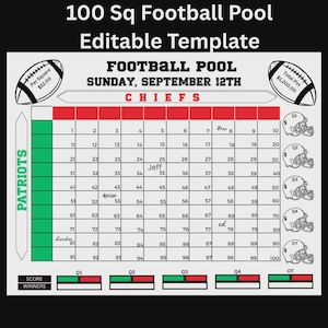 Puede incluir: Una plantilla de grupo de fútbol con una cuadrícula de 100 casillas, con el texto "FOOTBALL POOL" y "SUNDAY, SEPTEMBER 12TH". La plantilla incluye nombres de equipos, números y espacios para los ganadores. El bote total es de 1.100,00 €.