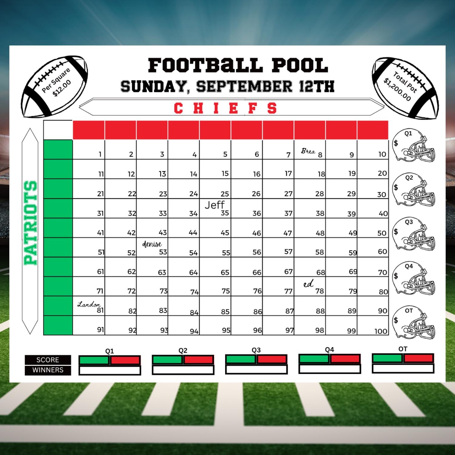 Visitor Pool Chart Editable Football Pool 100 Squares Chart: Game Day Fun (canva Template ...