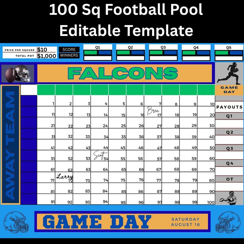 Static Pool Chart Editable Football Squares Pool Chart: Game Day Party (digital Download ...