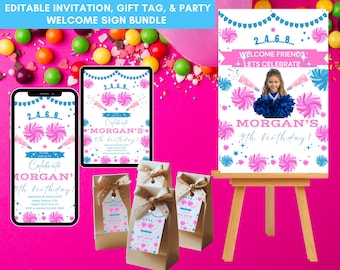 May include: A bundle of party supplies, including a welcome sign, gift tags, and invitations. The sign and invitations feature the text "2.4.6.8" and "Celebrate Morgan's 9th birthday!" in pink and blue. The gift tags are attached to small gift bags.