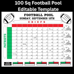 Puede incluir: Una plantilla de grupo de fútbol con una cuadrícula de 100 casillas numeradas. La plantilla incluye el texto "FOOTBALL POOL SUNDAY, SEPTEMBER 12TH CHIEFS." También tiene secciones para Patriots y Chiefs, y el texto "Editable Template."