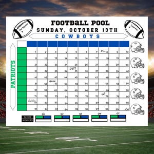 Puede incluir: Una cuadrícula de grupo de fútbol con el texto "FOOTBALL POOL" y "SUNDAY, OCTOBER 13TH". La cuadrícula es para los Cowboys y los Patriots, con espacios numerados del 1 al 100. Incluye gráficos de cascos de fútbol.