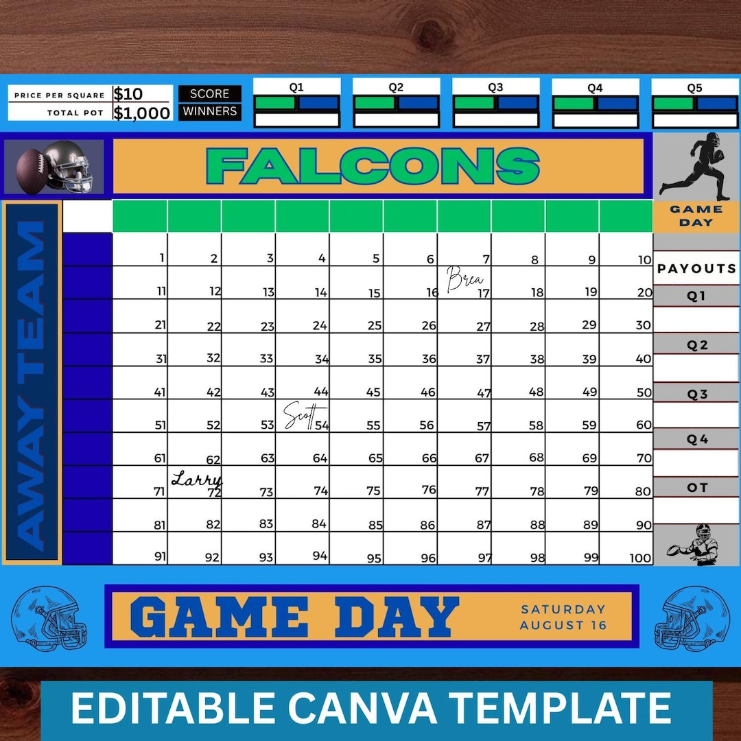Visitor Pool Chart Editable Football Squares Pool Chart: Game Day Party (digital Download ...