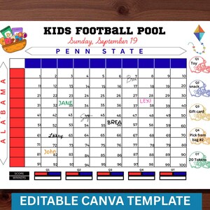 Puede incluir: Una plantilla imprimible del juego Kids Football Pool con una cuadrícula de números, nombres de equipos y la fecha. El diseño incluye ilustraciones de un juguete, un aperitivo, una tarjeta de regalo y otros premios. El texto "EDITABLE CANVA TEMPLATE" está en la parte inferior.