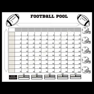 Puede incluir: Una cuadrícula de grupo de fútbol en blanco y negro con las palabras "FOOTBALL POOL". La cuadrícula está dividida en cuadrados numerados, con gráficos de fútbol y texto que indica "Per Square" y "Total Pot". Las secciones para los ganadores están en la parte inferior.