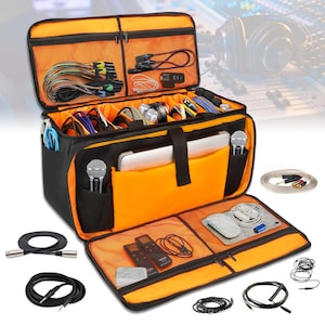 May include: A black and orange travel bag with multiple compartments and pockets, designed to hold and organize audio and video equipment, cables, and accessories. The bag is open and shows a laptop, microphones, cables, and other items.