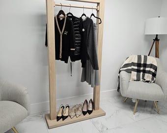 3" Thick Modern Retail Clothing Rack with Shelf,White Oak,Hanging Rack,Wood Garment rack,Wardrobe rack, Boutique Clothing Display Rack