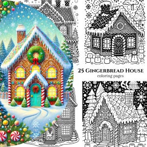 25 Gingerbread House Coloring Pages , Adult And Kids Coloring Book, Holiday Coloring, Instant Download,Printable PDF File