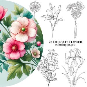 25 Delicate Flower Coloring Pages, Flower Coloring Book, Adult and Kid coloring book, Digital Download, Printable PDF, Floral Coloring Pages
