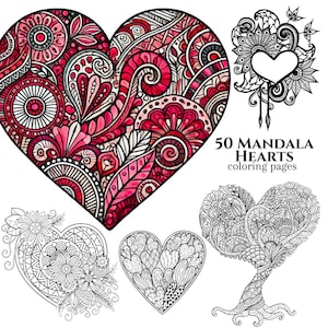 50 Mandala Hearts Coloring Pages, Kid Coloring Pages, Adult Coloring Book, Valentines Coloring Book, Digital Download, Printable PDF