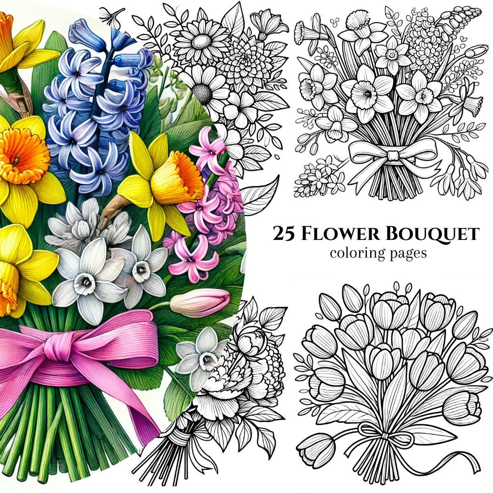 25 Flower Bouquet Coloring Pages, Flower Coloring Book, Adult and Kid ...