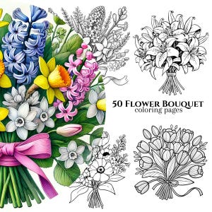 50 Flower Bouquet Coloring Pages, Flower Coloring Book, Adult and Kid coloring book, Digital Download, Printable PDF, Flower Coloring Pages