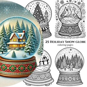 25 Holiday Snow globe Coloring Pages , Adult And Kids Coloring Book, Holiday Coloring, Instant Download,Printable PDF File