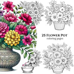 25 Flower Pot Coloring Pages, Flower Coloring Book, Adult and Kid coloring book, Digital Download, Printable PDF, Flower Pot Coloring Pages