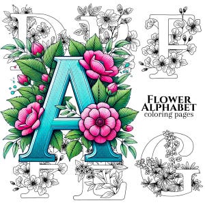 Páginas para colorear del alfabeto de flores, libro para colorear para niños, libro para colorear para adultos, descarga digital, PDF imprimible
