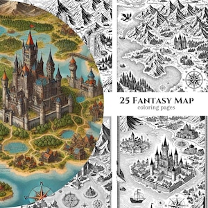 25 Fantasy Ausmalseiten Karte, Malbuch für Erwachsene und Kinder, Fantasy Malseiten, sofortiger Download, druckbare PDF-Datei
