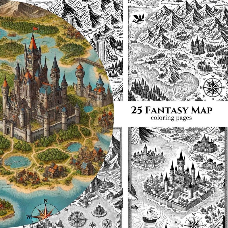 25 Fantasy Map Coloring Pages, Adult and Kids Coloring Book, Fantasy Coloring Sheets, Instant ...
