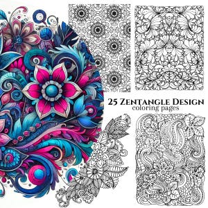 25 Zentangle Design Coloring Pages, Mandala Coloring, Zentangle Coloring Book, Mandala, Adult Coloring Book, Digital Download, Printable PDF