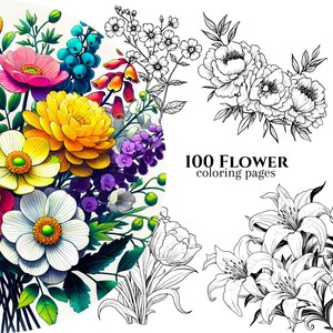 100 Flower Themed Coloring Pages, Flower Coloring Book, Adult and Kid coloring book, Digital Download, Printable PDF, Flower Coloring Pages