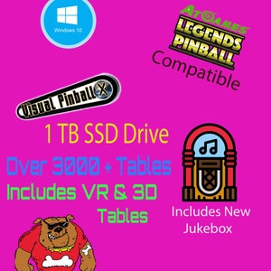 May include: A pink background with a cartoon bulldog wearing sunglasses and a red shirt. The text "1 TB SSD Drive" is in yellow. The text "Over 3000 + Tables" is in blue. The text "Includes VR & 3D Tables" is in green. The text "Includes New Jukebox" is in black. The text "www.blingco.com" is in black. The text "ATGAMES LEGENDS PINBALL Compatible" is in gold and black. A blue circle with a white Windows logo and the text "Windows 10" is in the upper left corner. A black and white cartoon pinball machine is in the upper right corner.