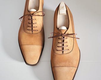 Men’s Tan Suede And Leather Oxford Cap Toe Shoes Handmade Formal Dress Shoes