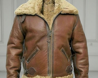 Men’s Shearling Aviator Sheepskin Leather B3 Bomber Coat Winter Fur Collar Pilot Jacket