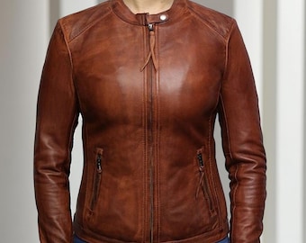 Damen Handmae Brown Leder Cafe Racer Jacke Slim Fit Minimalist Style
