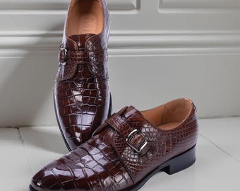 Men’s Burguny Crocodile Embossed Monk Strap Shoes  Handmade Leather Dress Shoes