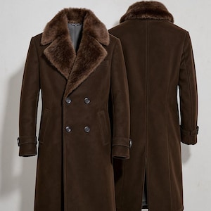 May include: A brown double-breasted coat with a faux fur collar. The long coat features a button closure, side pockets, and a back vent. The coat is approximately 55 inches long.