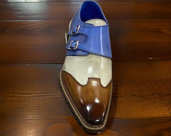 Handmade Leather Double Monk Strap Shoes, Formal Dress Office Shoes