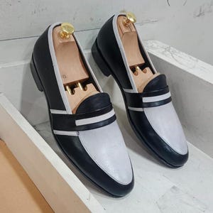 Handmade Leather Loafer Shoes, Black and White Dress Shoes